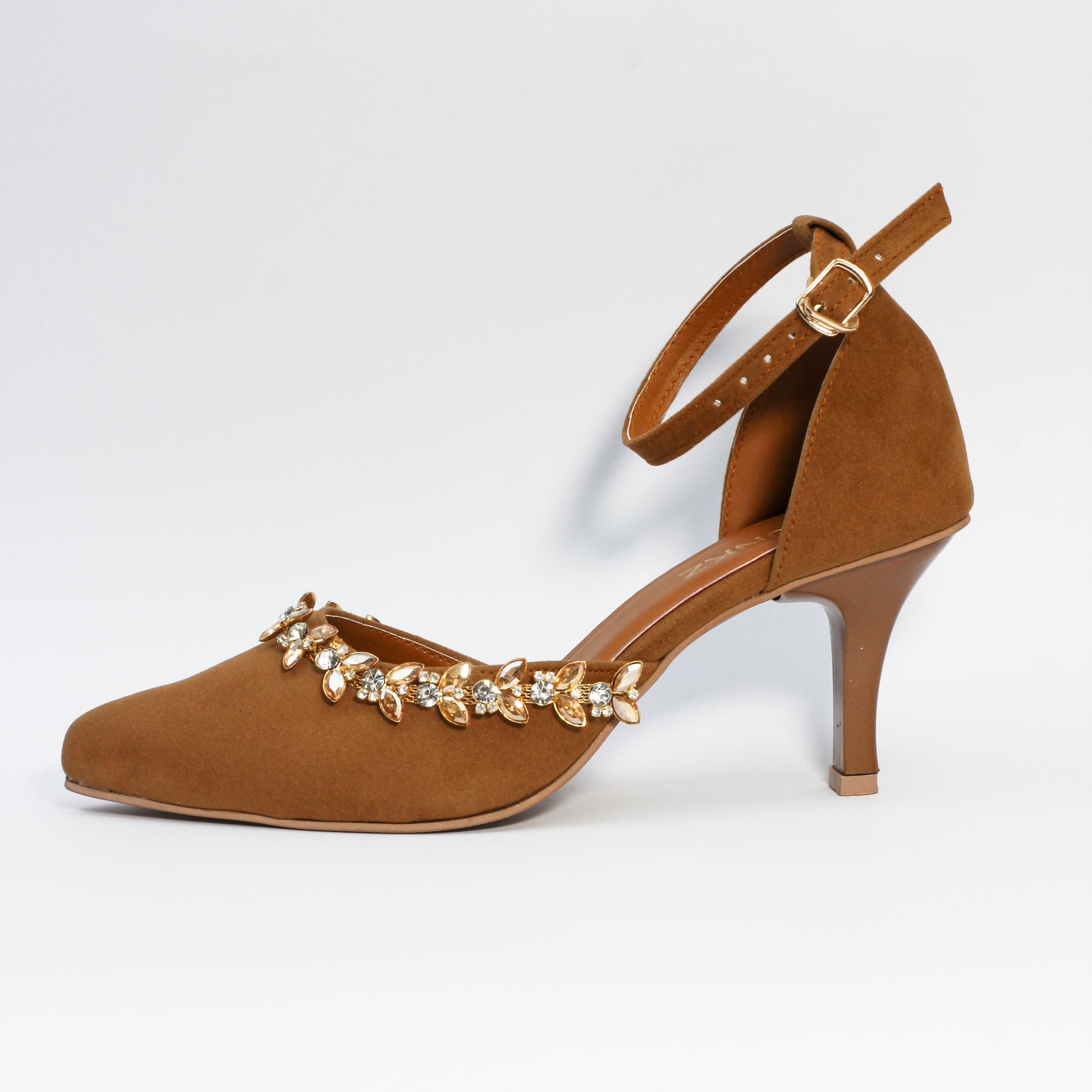 Brown Petal Flowers Studded Ankle Strap leather Heels - Spunkz