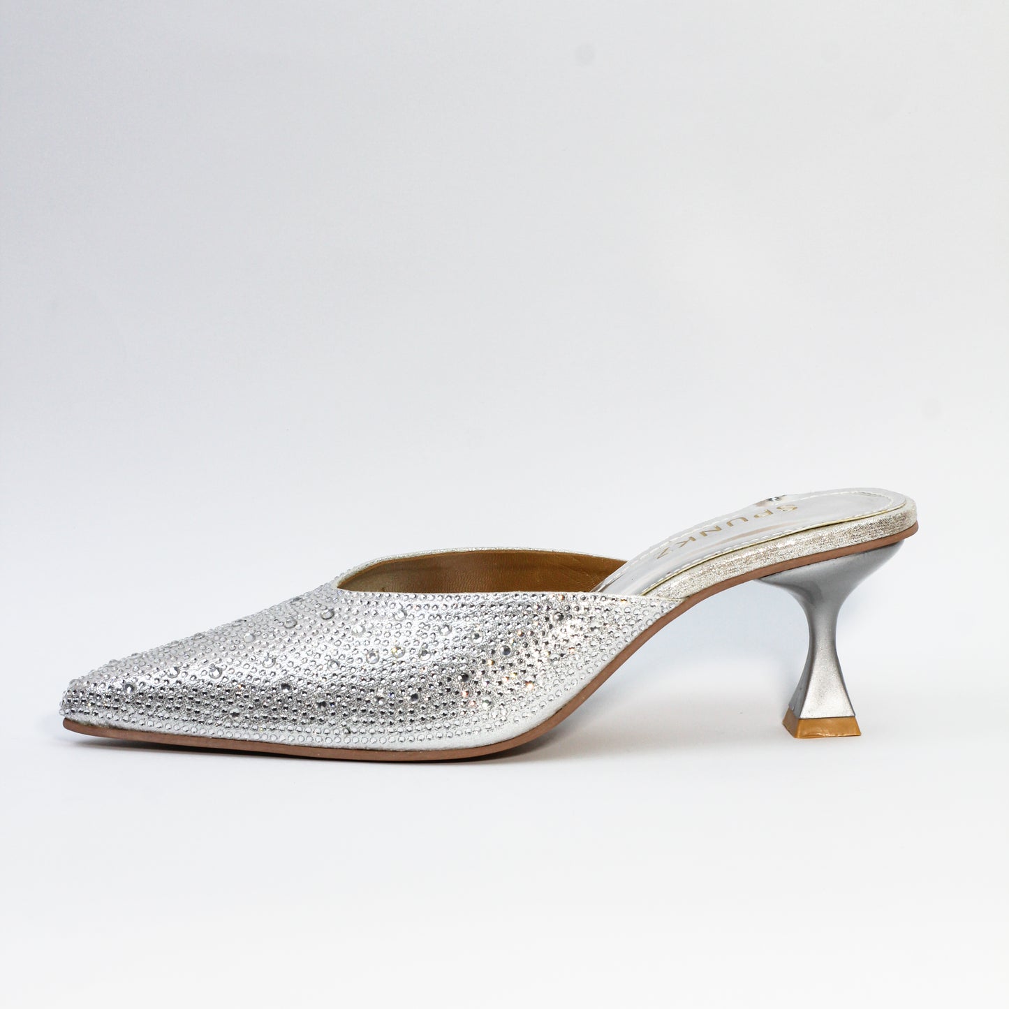 Spunkz Silver Shiny Crystal Stones Pointed Toe Mules - Spunkz