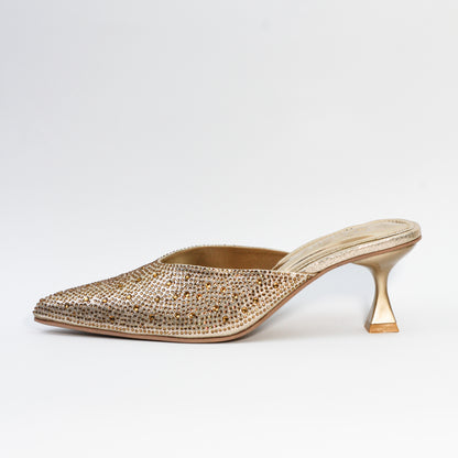 Crystal Sequins Gold Embellished Pointed Shallow Diamond Suede Mules - Spunkz