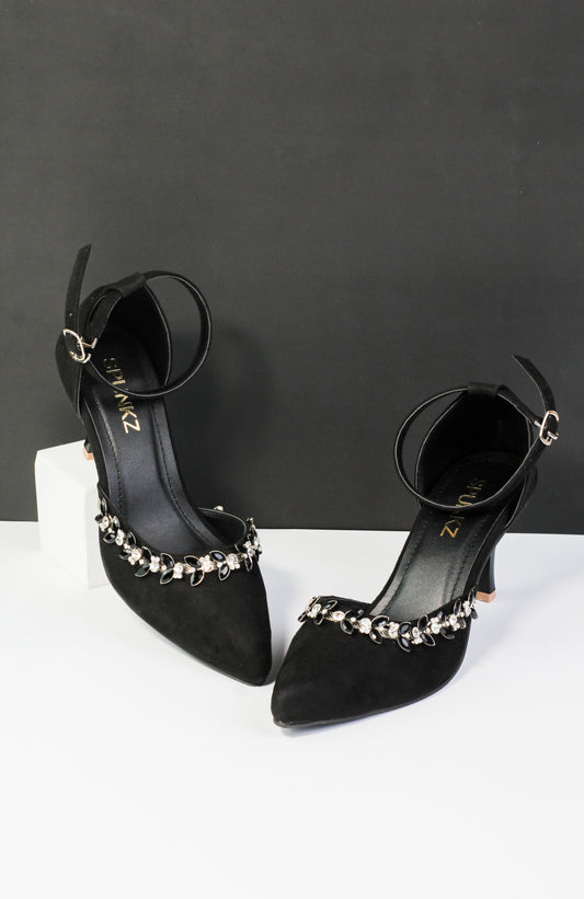 Black Petal Crystal Flowers Studded Pointed Toe Leather Heels