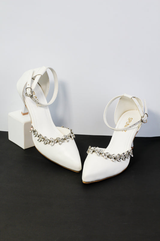 White Petal Flowers Studded Pointed Toe Ankle Strap Leather Heels