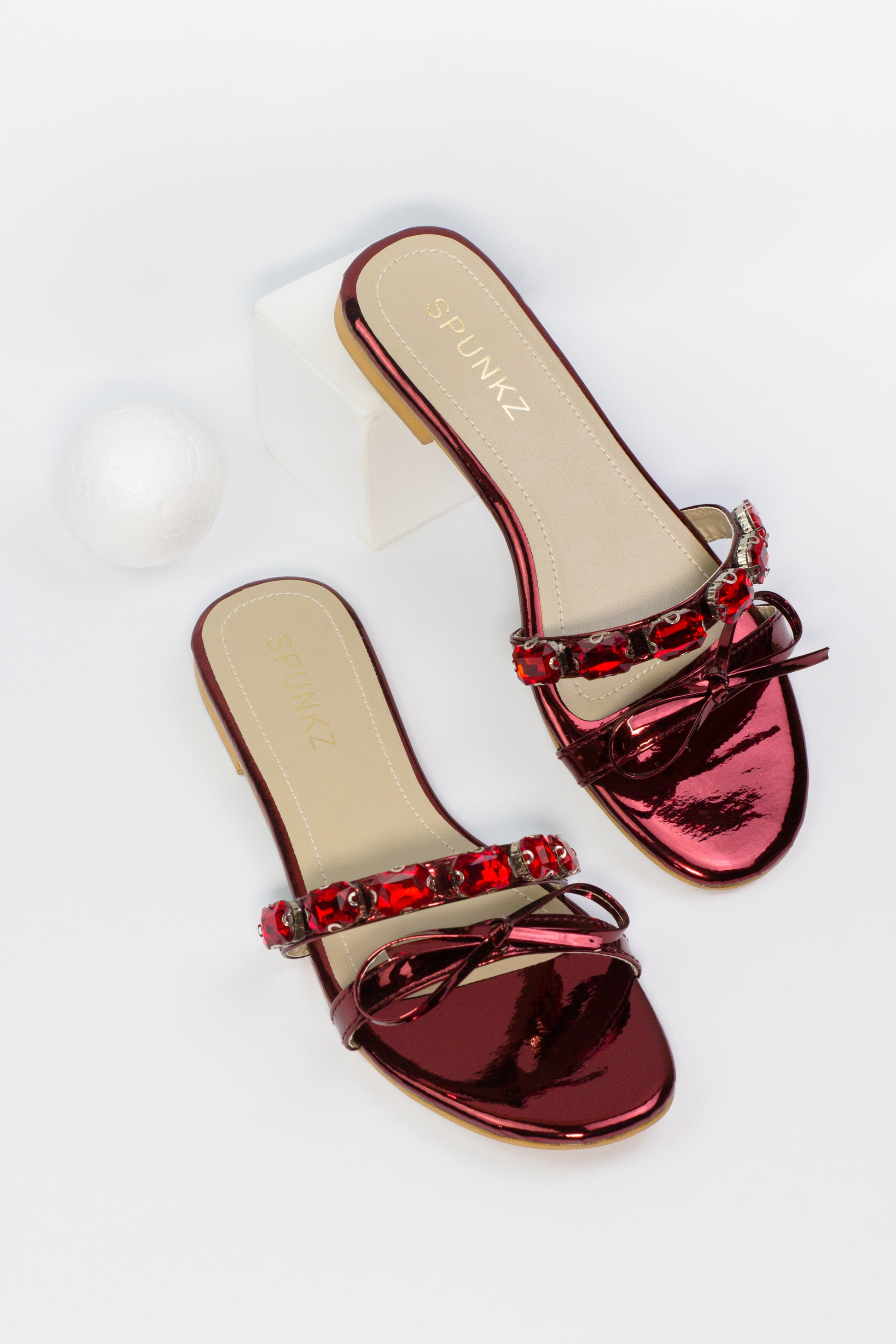 Myra Shiny Red Stones Decoration Knotted Straps Flat Slides - Spunkz