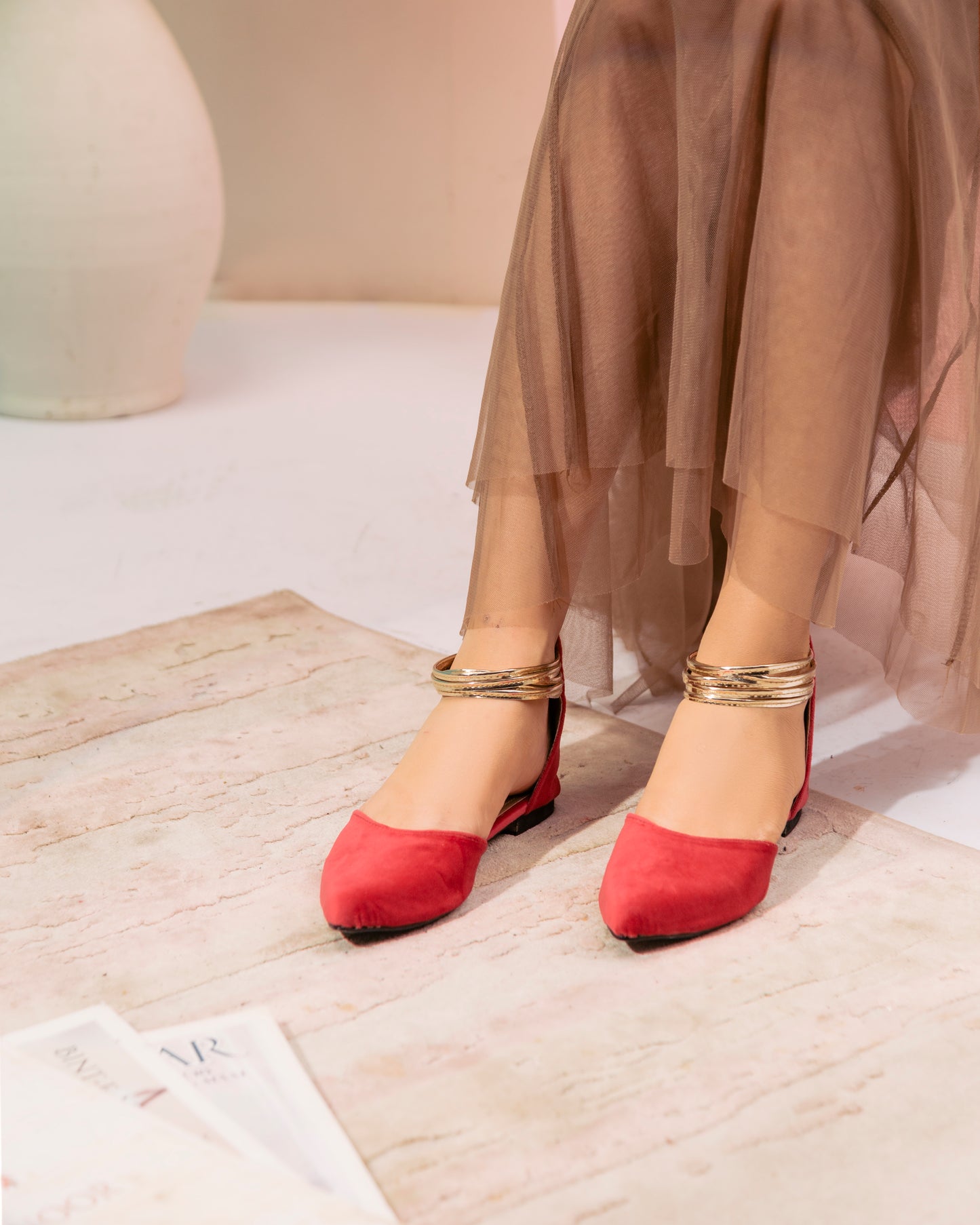 Koral Pink Suede and Gold Ankle Strap Flats - Spunkz