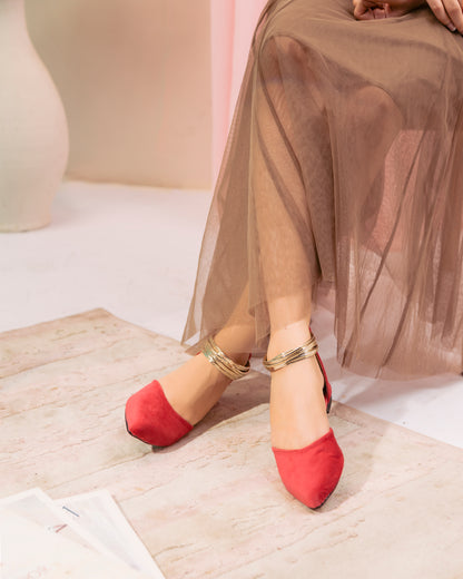 Koral Pink Suede and Gold Ankle Strap Flats - Spunkz