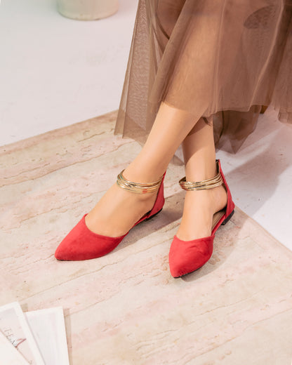 Koral Pink Suede and Gold Ankle Strap Flats - Spunkz