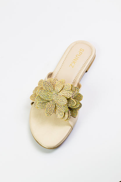 Melena shiny Diamante Blinky Flower Beige Flat Slides - Spunkz