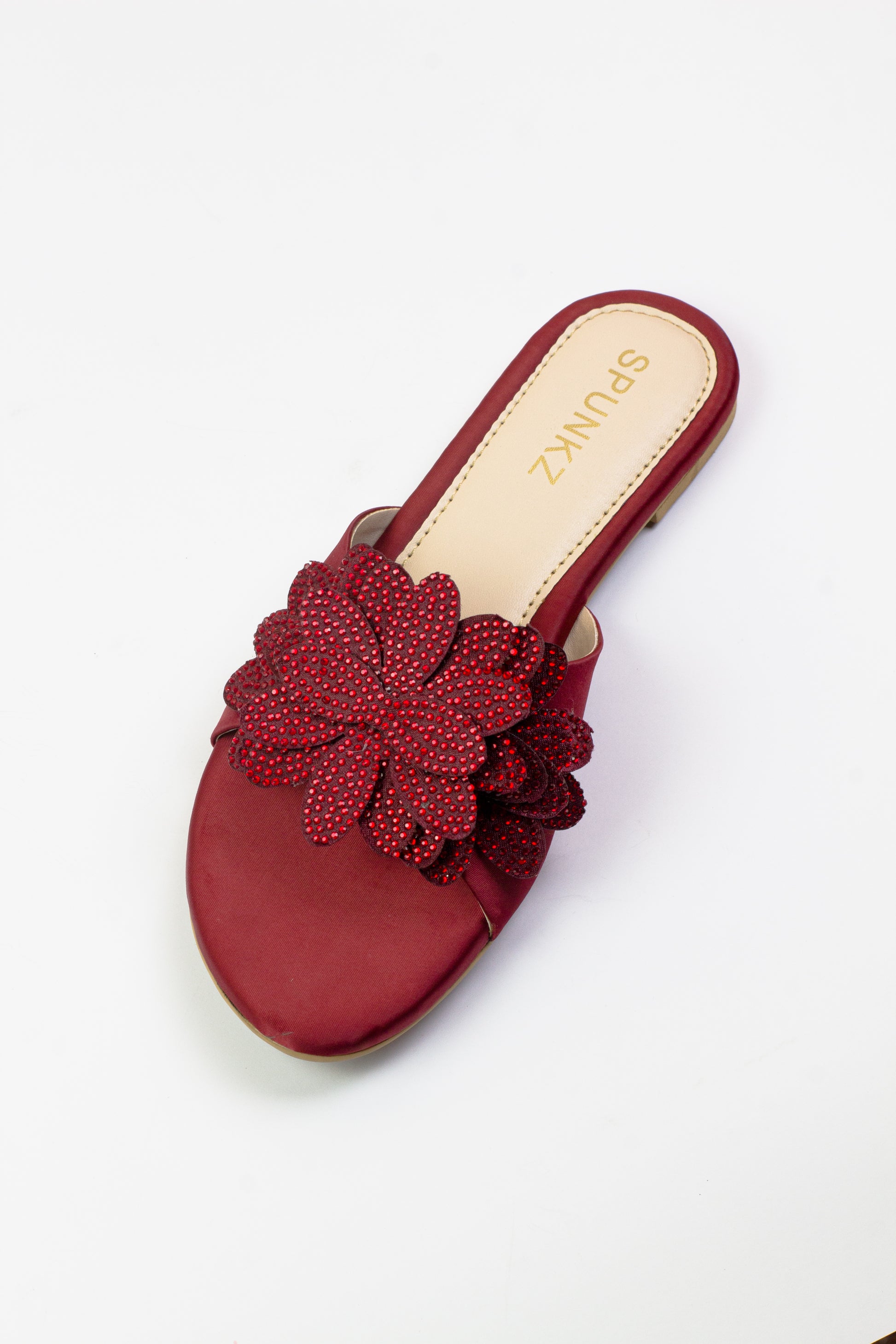 Melena Shiny Diamante Maroon Flower Rhinestone Decor Slides - Spunkz