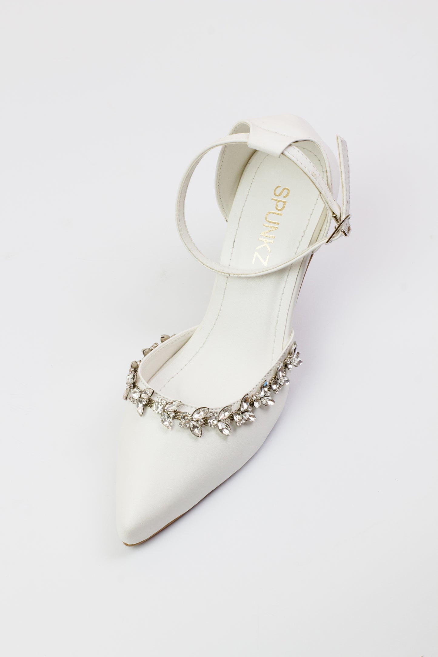 White Petal Flowers Studded Pointed Toe Ankle Strap Leather Heels - Spunkz