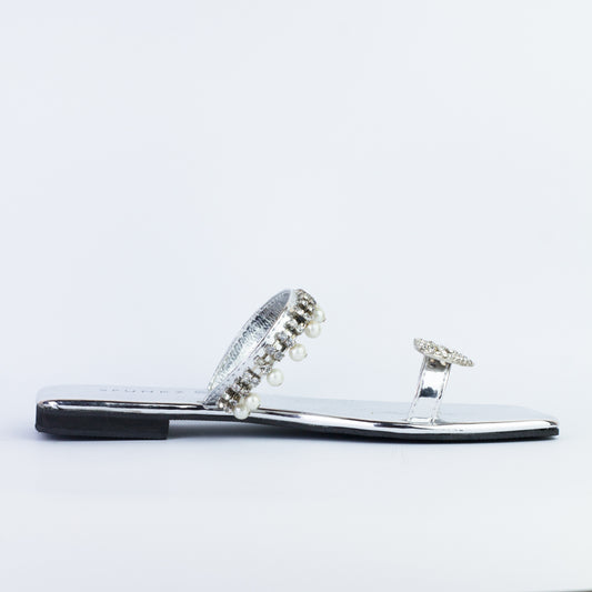 Zoe Silver Square Toe Pearl Embellishment Flat Slides - Spunkz