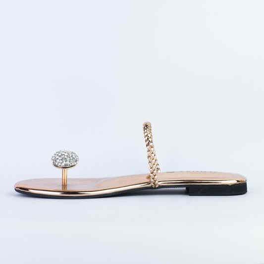 Zinia Rose Gold Metallic Rhinestone Decor Braided Thong Flats - Spunkz