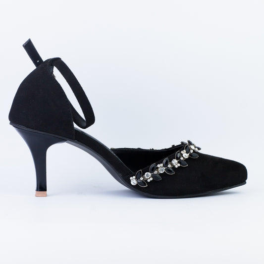 Black Petal Crystal Flowers Studded Pointed Toe Leather Heels - Spunkz