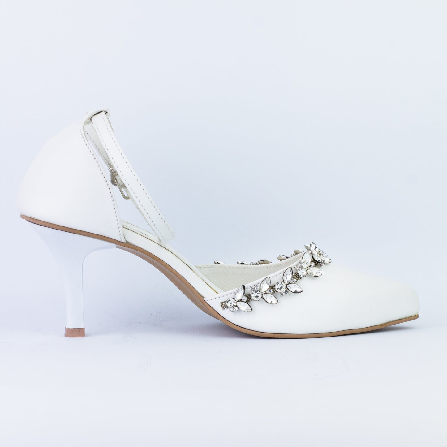 White Petal Flowers Studded Pointed Toe Ankle Strap Leather Heels - Spunkz