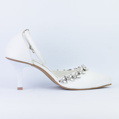 White Petal Flowers Studded Pointed Toe Ankle Strap Leather Heels - Spunkz