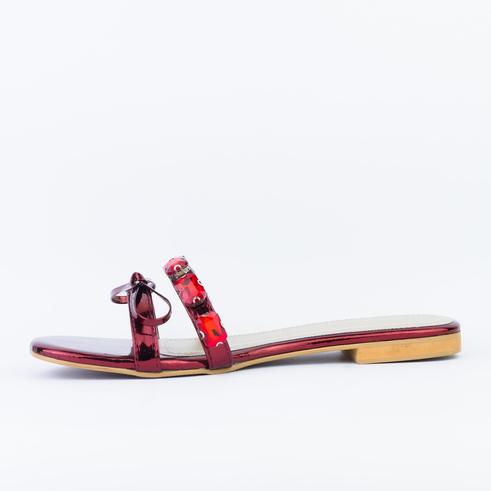 Myra Shiny Red Stones Decoration Knotted Straps Flat Slides - Spunkz