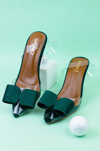 Green Romeo Crystal Bow Transparent Cinderella Heels
