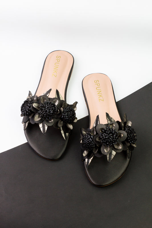 Lilico floral embellishments black sleek slide sandals - Spunkz