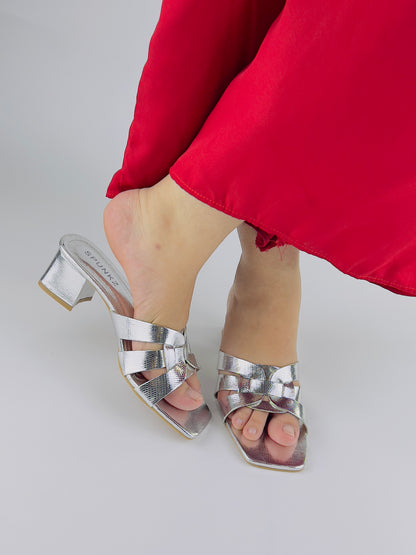 Spunkz Silver Criss-Cross Crocs Leather Block Heel Sandals - Spunkz