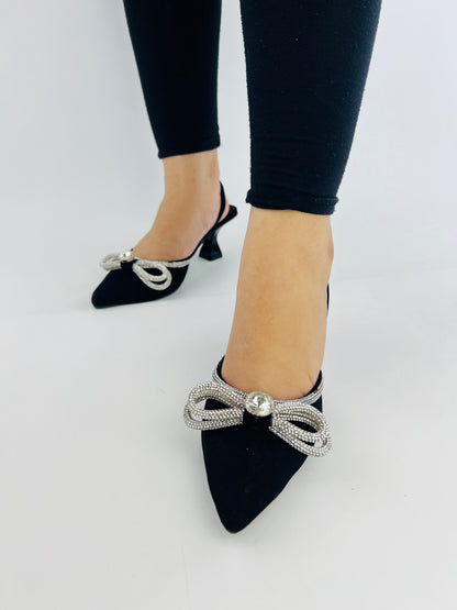 Alana Black Double Bowknot Diamond Bowtie Kitten Heel