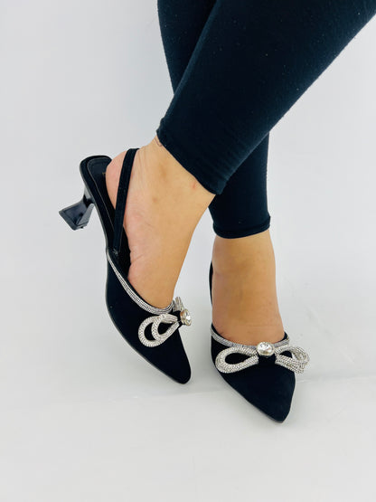 Alana Black Double Bowknot Diamond Bowtie Kitten Heel