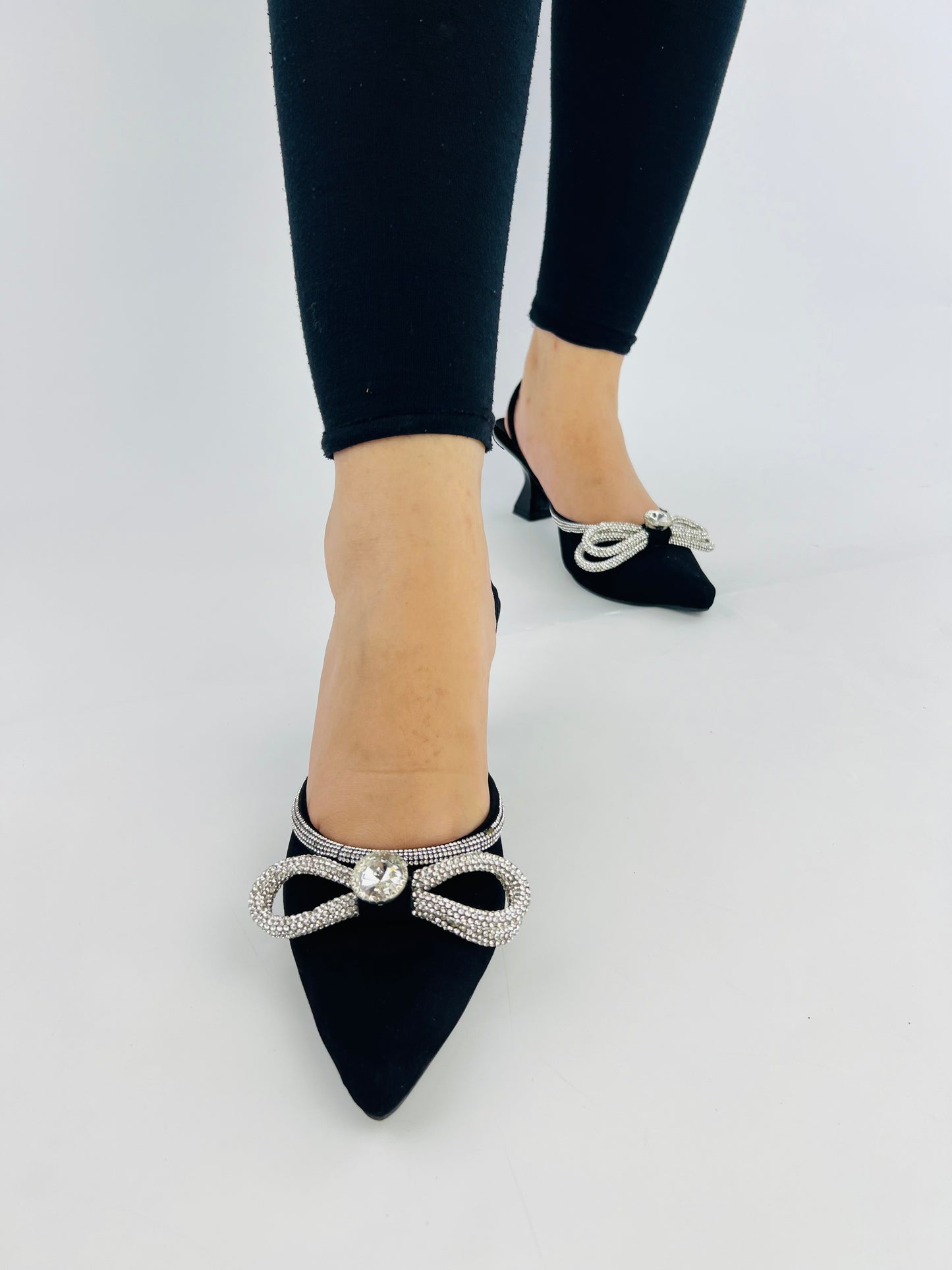 Alana Black Double Bowknot Diamond Bowtie Kitten Heel