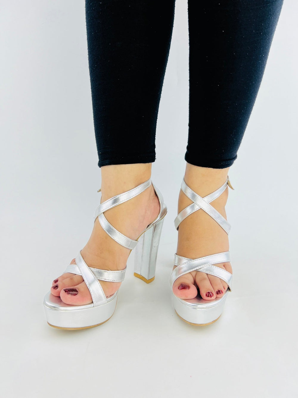 Strappy Silver Platform Heels (11057) - Spunkz