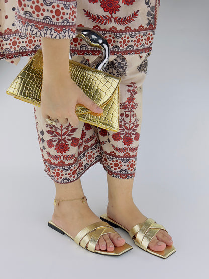 Shiny Gold Crocs Flat Leather Criss-Cross Strap Sandals - Spunkz