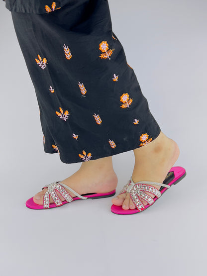 Norah Crystal Embellished Pink Slide Flats - Spunkz