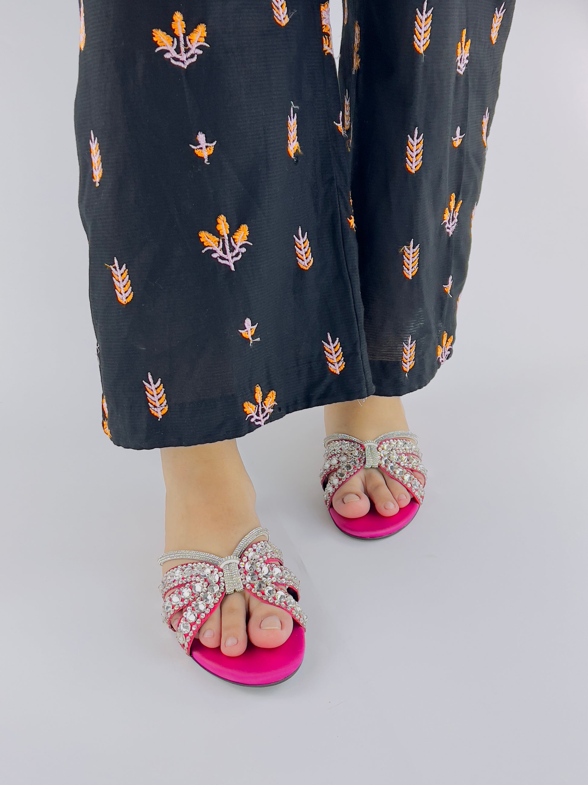 Norah Crystal Embellished Pink Slide Flats - Spunkz