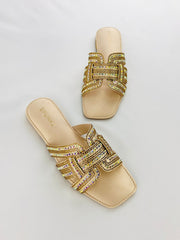Rhinestone Straps Gold Slippers - Spunkz