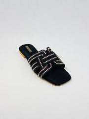 Rhinestone Straps Black Slipper - Spunkz