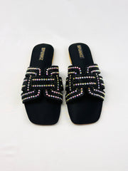 Rhinestone Straps Black Slipper - Spunkz