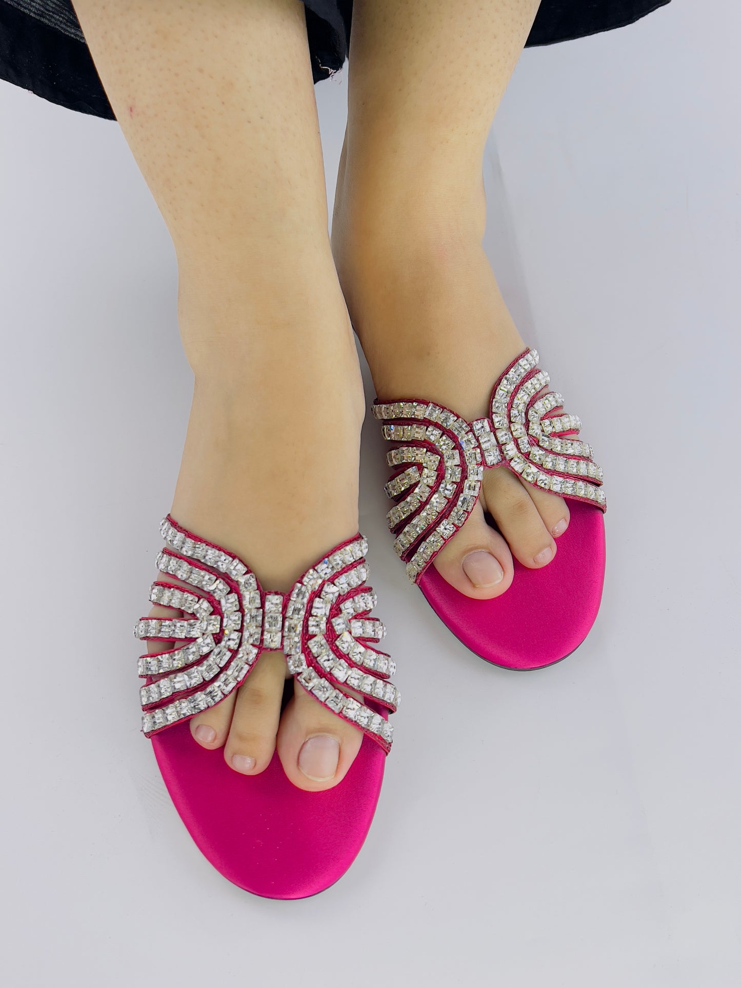 Jamie Pink Criss-Cross Crystal-Studded Flats Sandals - Spunkz