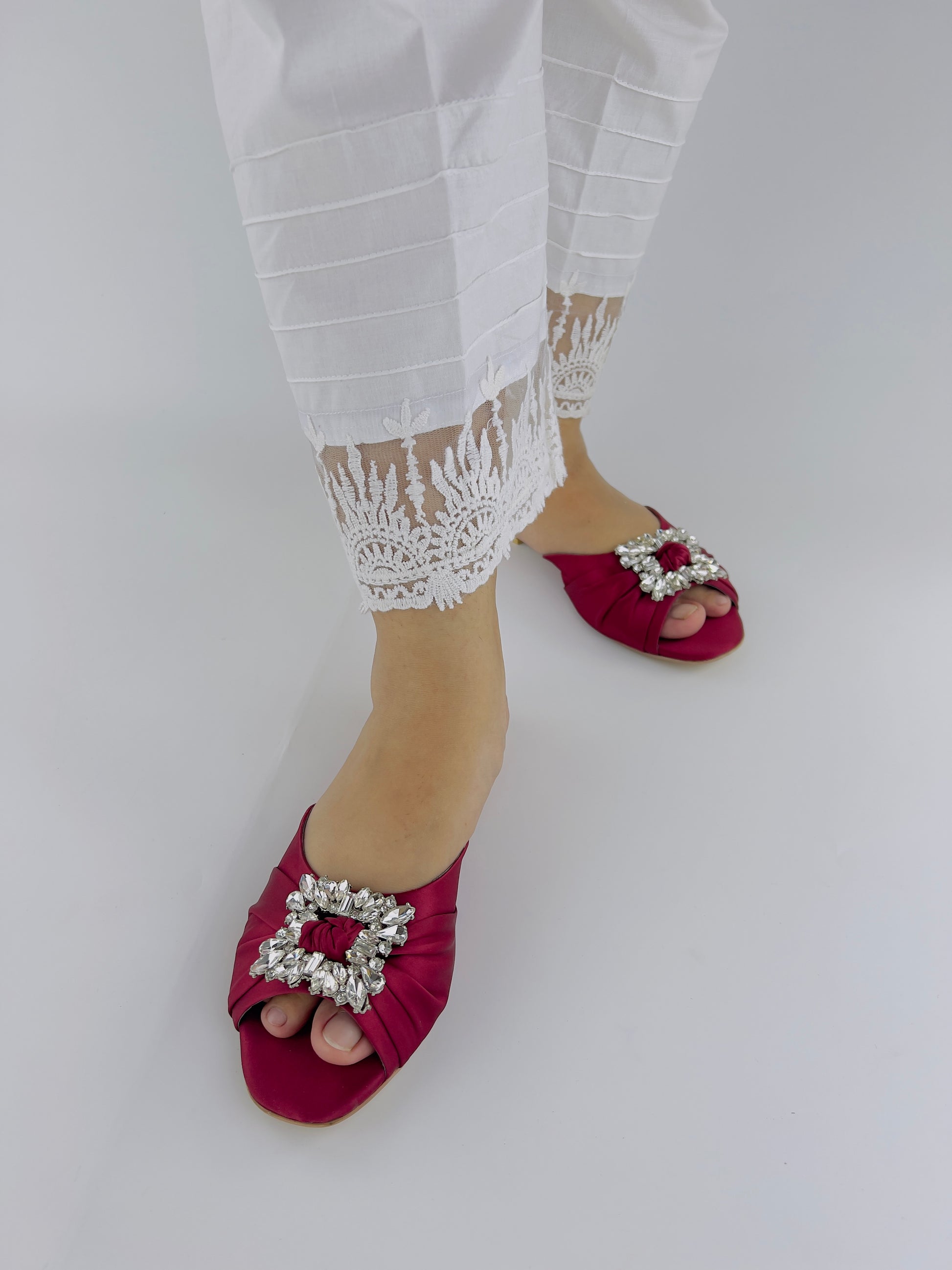 Spunkz Peep Toe Crystal Brooch Burgundy Flat Slippers - Spunkz