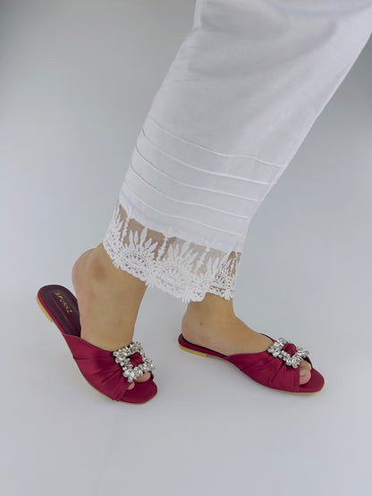 Spunkz Peep Toe Crystal Brooch Burgundy Flat Slippers - Spunkz