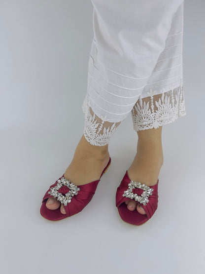 Spunkz Peep Toe Crystal Brooch Burgundy Flat Slippers - Spunkz