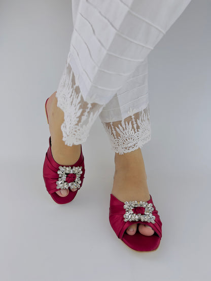 Spunkz Peep Toe Crystal Brooch Burgundy Flat Slippers - Spunkz