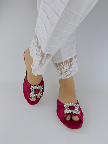 Spunkz Peep Toe Crystal Brooch Burgundy Flat Slippers - Spunkz