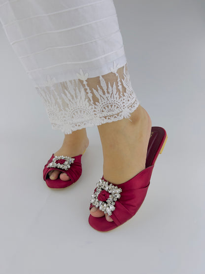 Spunkz Peep Toe Crystal Brooch Burgundy Flat Slippers - Spunkz