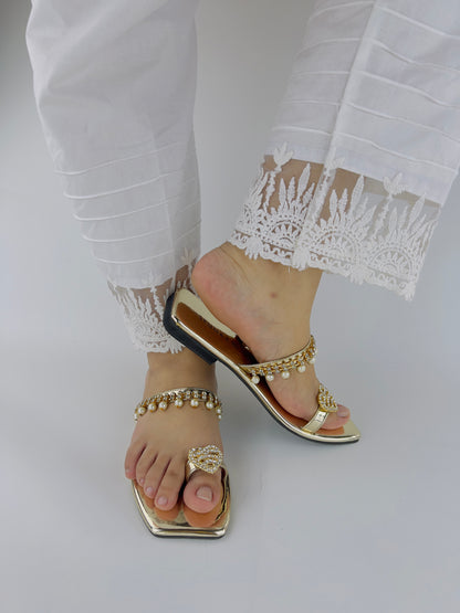 Zoe Golden Party Wear Slip-On Slides - Spunkz