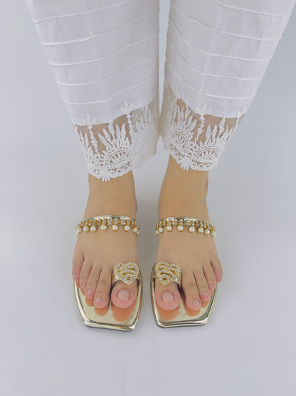 Zoe Golden Party Wear Slip-On Slides - Spunkz