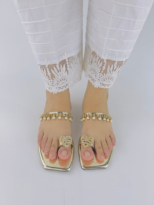 Zoe Golden Party Wear Slip-On Slides - Spunkz