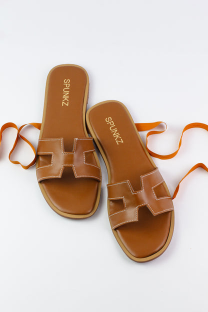 Hania Iconic Brown "H" Cut-Out Faux Leather Flat Slides - Spunkz