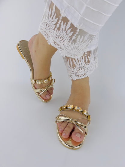 Spunkz Myra Embellished Mirrored Leather Flat Slides - Spunkz