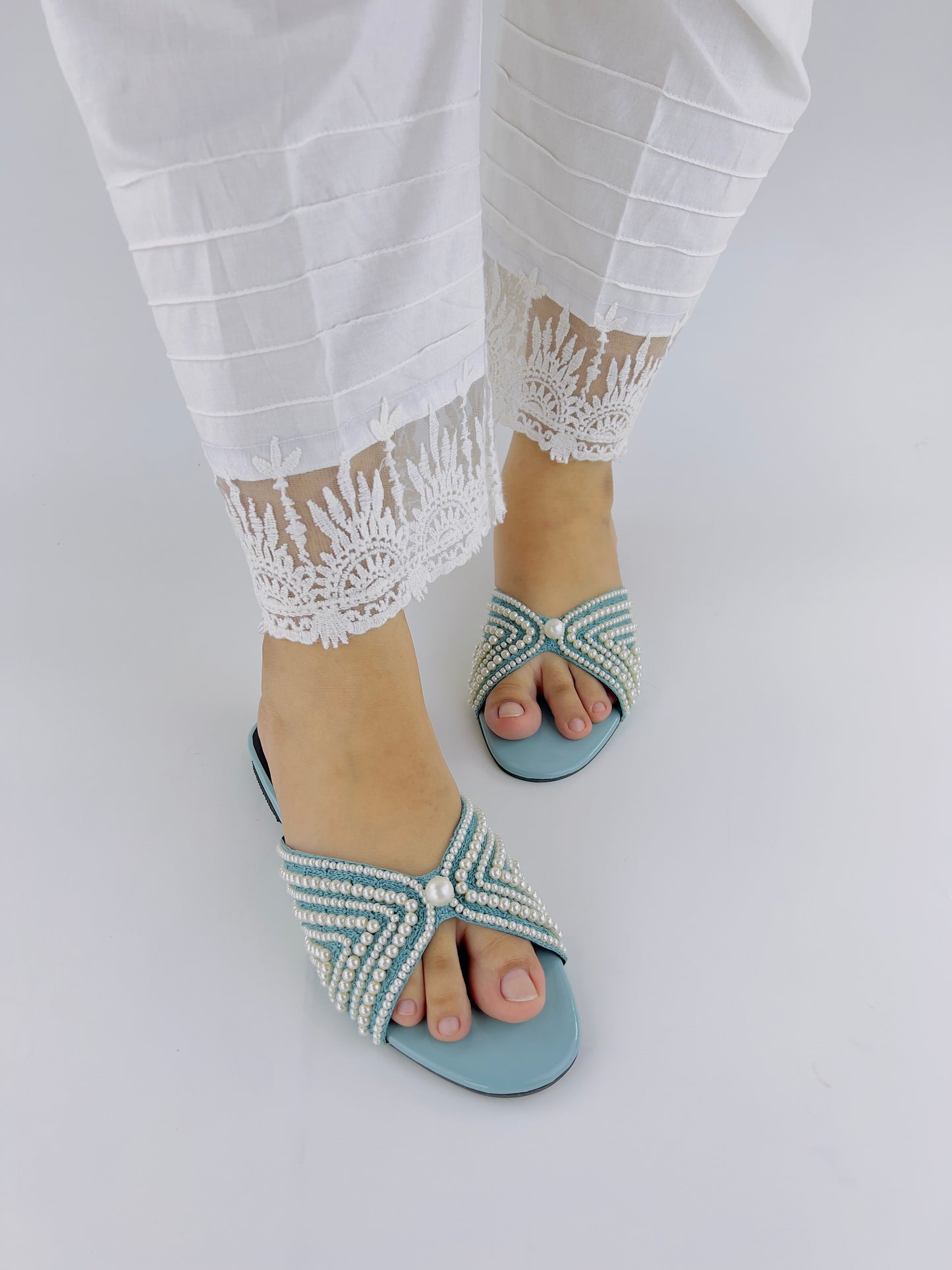 Spunkz Ferozi Open Toe Hand Embroidery Pearls Decor Flat Slides - Spunkz