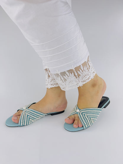 Spunkz Ferozi Open Toe Hand Embroidery Pearls Decor Flat Slides - Spunkz