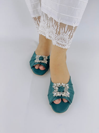 Spunkz Crystal Embellished Rhinestone Brooch Peep Toe Flats - Spunkz