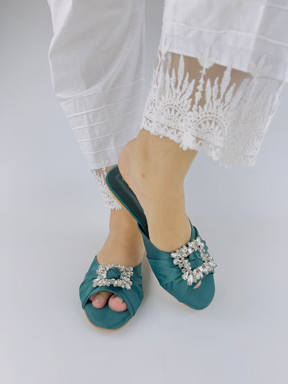 Spunkz Crystal Embellished Rhinestone Brooch Peep Toe Flats - Spunkz