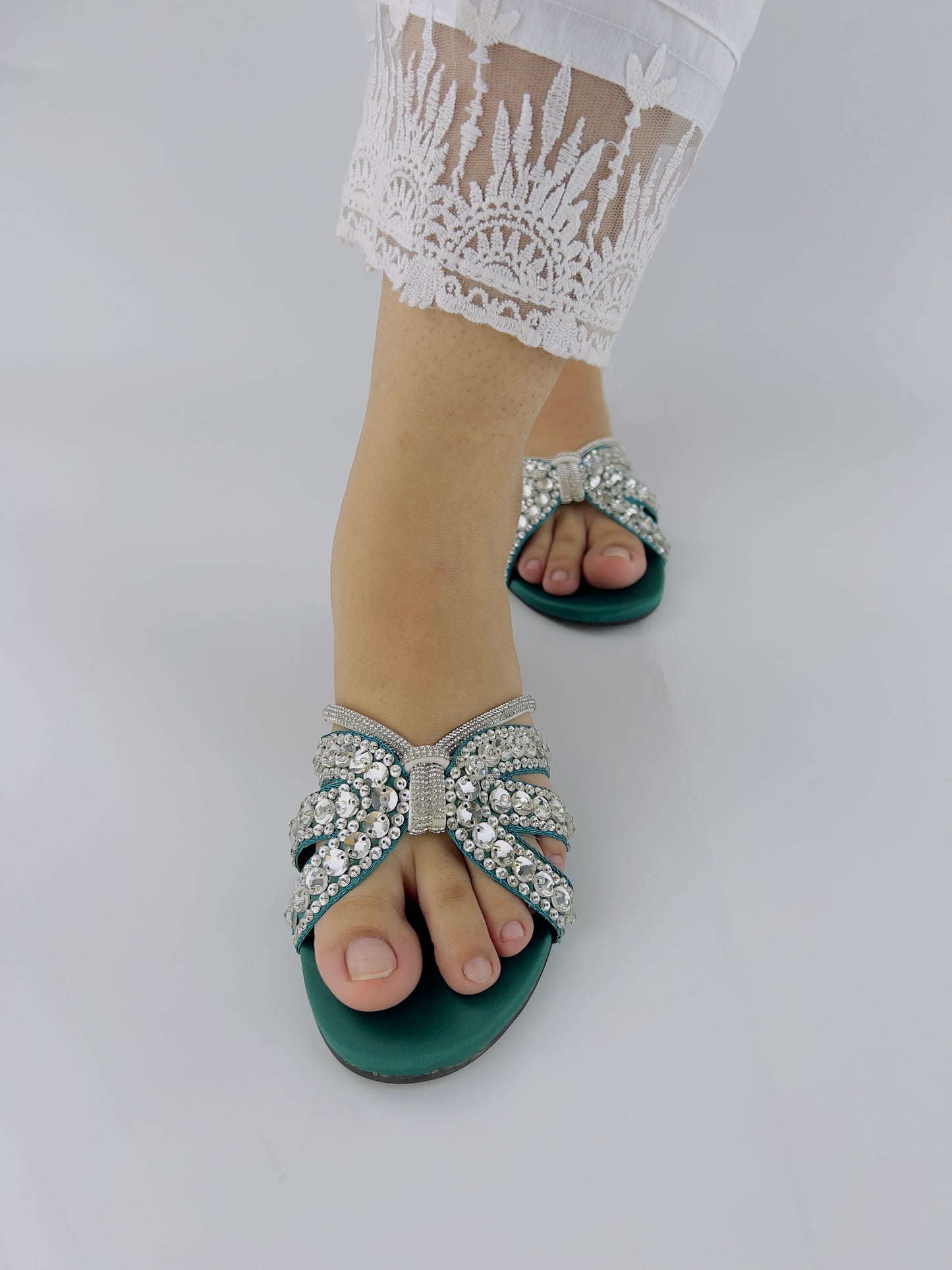 Beryl Sequin Decor Crystal Embellished Green Flat Slides - Spunkz