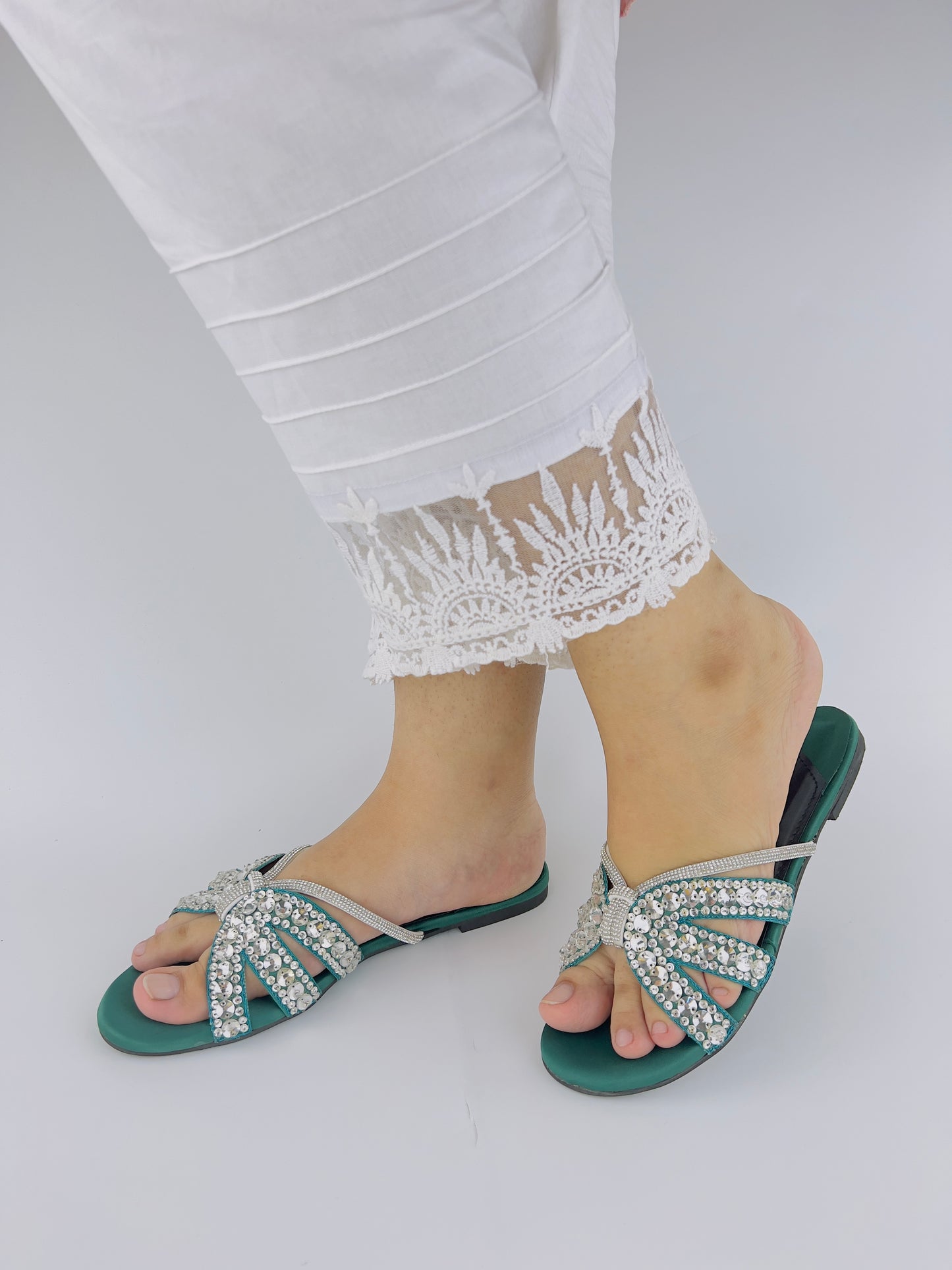 Beryl Sequin Decor Crystal Embellished Green Flat Slides - Spunkz