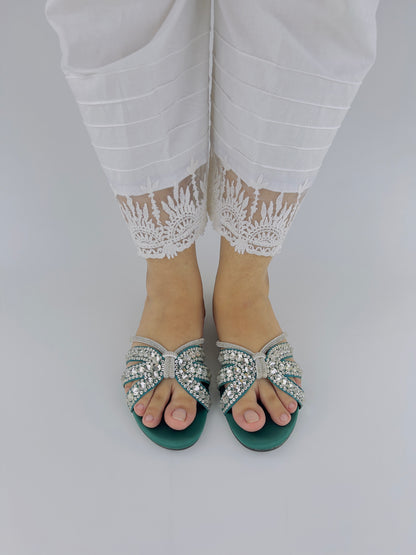 Beryl Sequin Decor Crystal Embellished Green Flat Slides - Spunkz